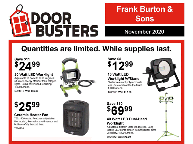 Nov. Doorbusters – LED Work Lights and Ceramic Heaters